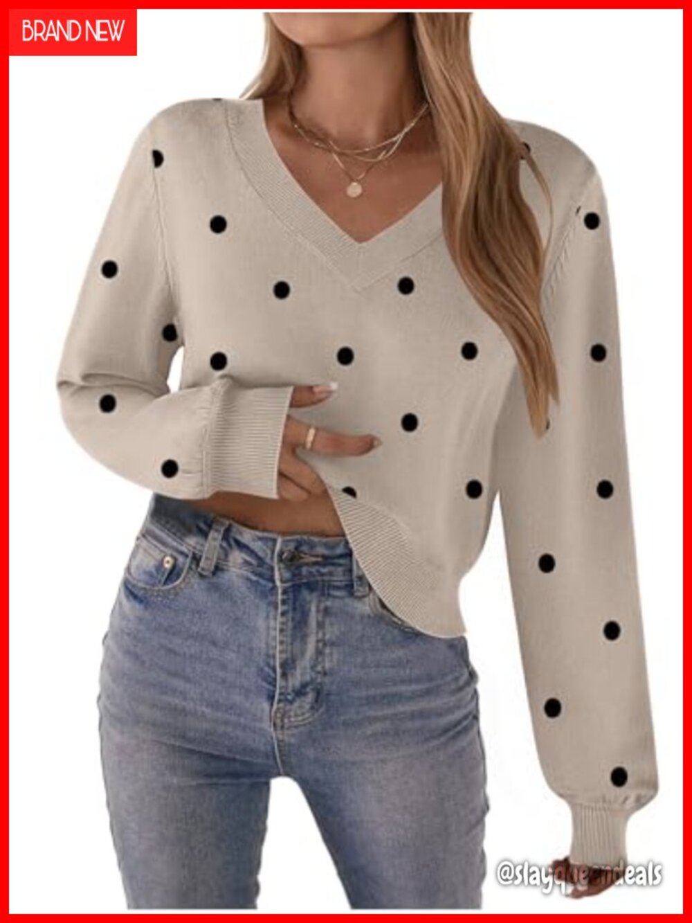 Women's Ribbed V-Neck Cropped Sweater Long Lantern Sleeve Knit Pullover